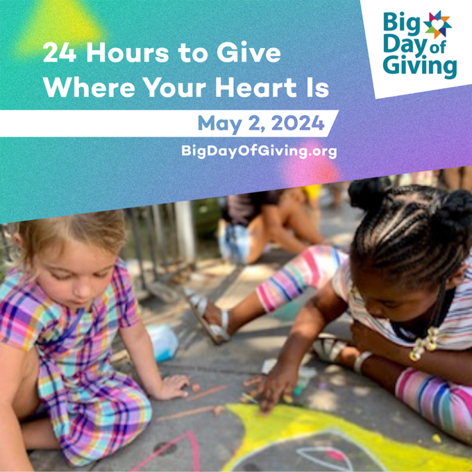 kids draawing with sidewalk chalk with Big Day of Giving logo